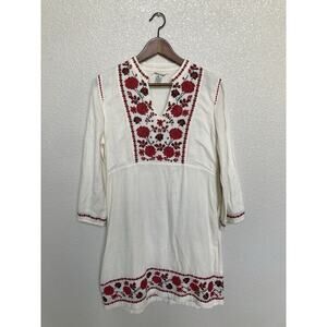 Lucky Brand Embroidered White Mini Dress size M 3/4 sleeves Boho Peasant cotton
